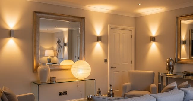 A low-light room using a large mirror, pale textiles, and layered warm lamps to create a natural daylight effect