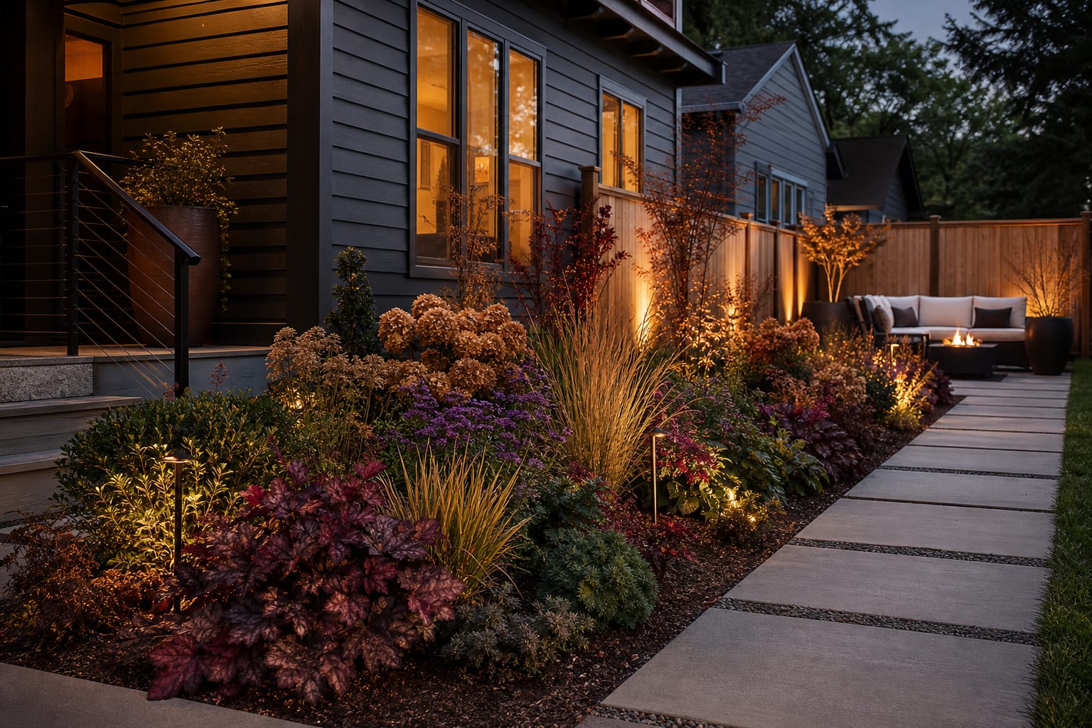 same garden bed redesigned with layered fall plants, warm foliage shrubs, ornamental grasses, asters, seedheads, and a defined path.
