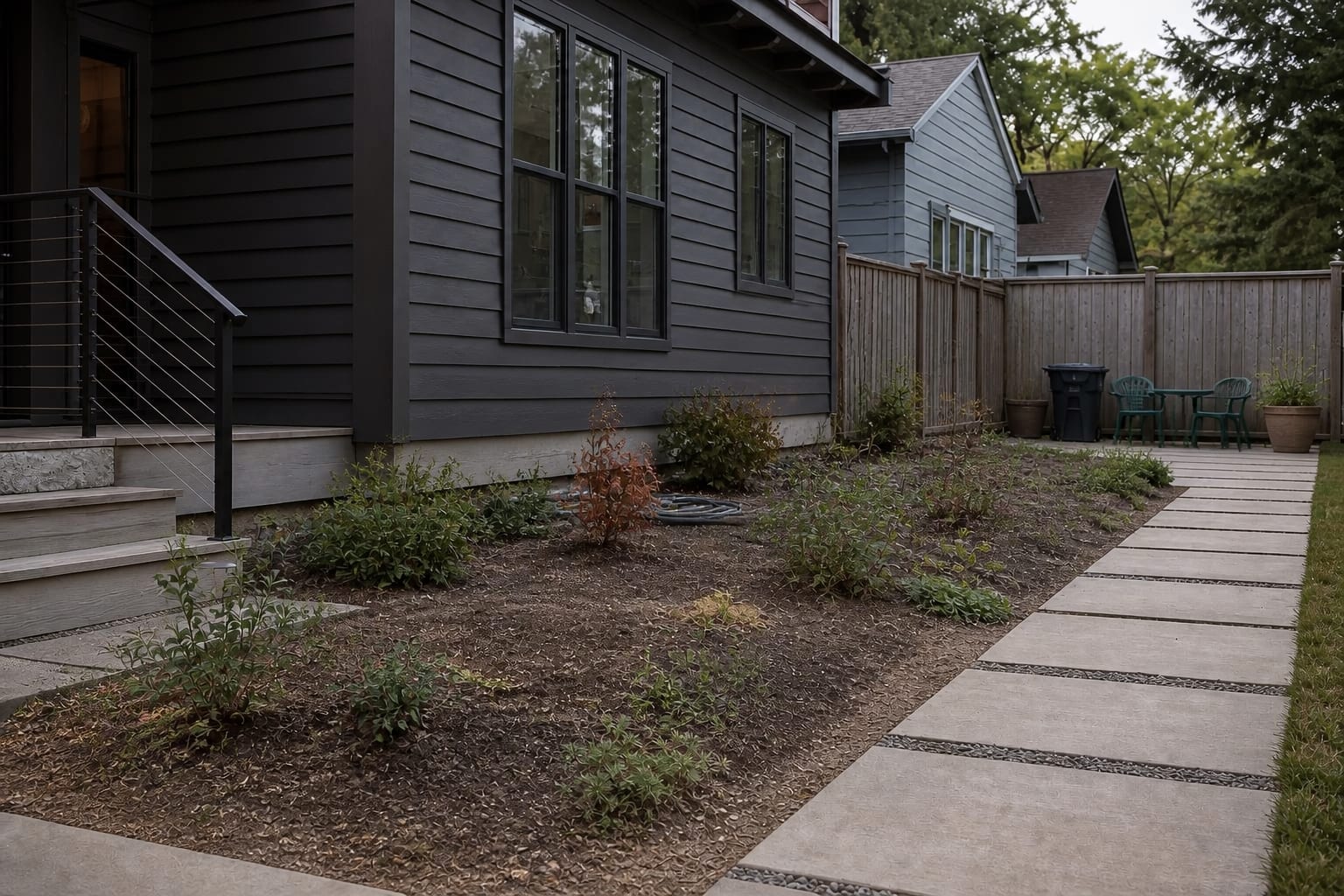 patchy September garden bed with spent summer annuals, bare soil, flat green shrubs, and no visible autumn color structure.