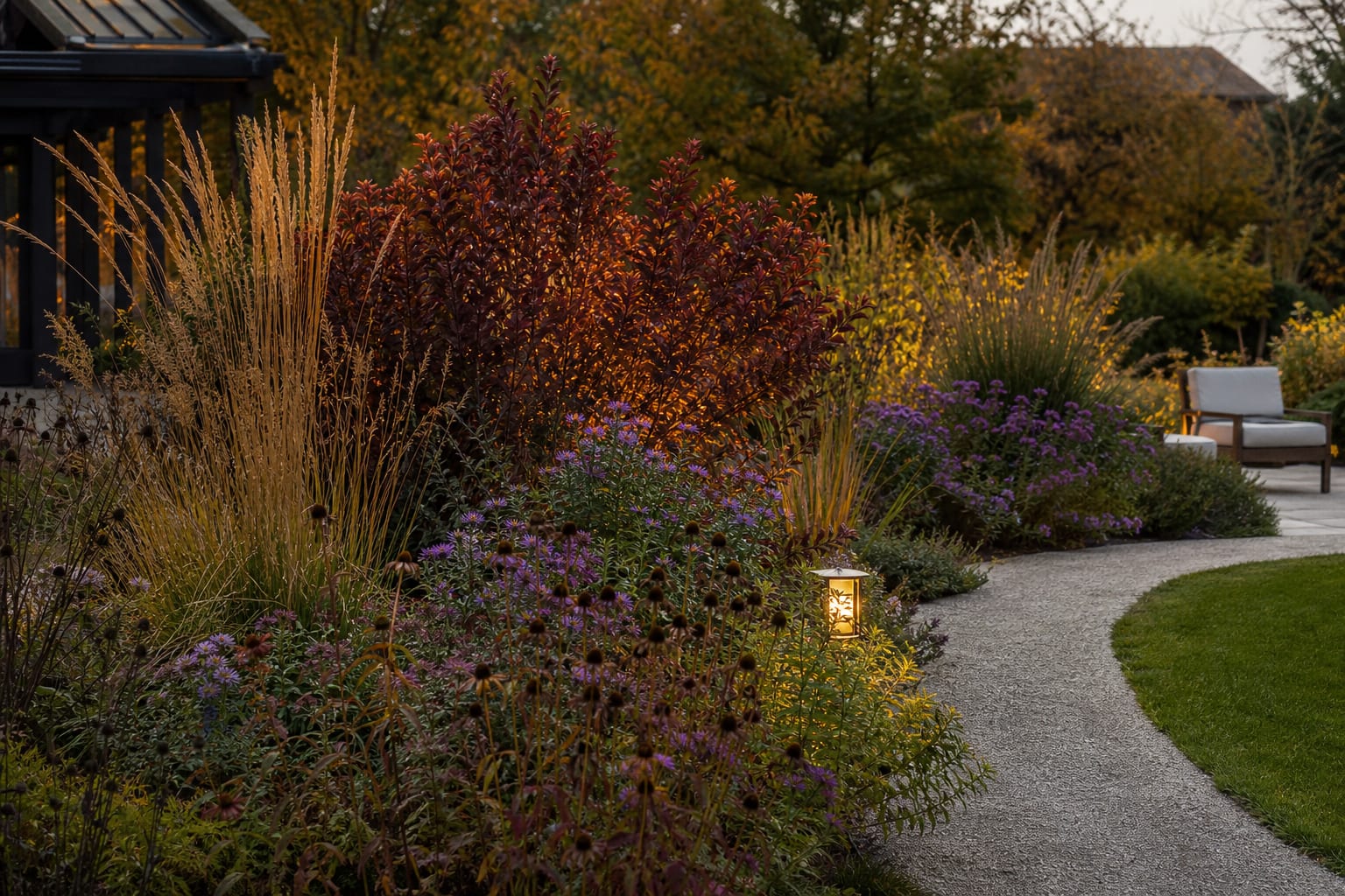 autumn garden border with burgundy shrubs, golden grasses, purple asters, seedheads, and a curved path beside a small lawn
