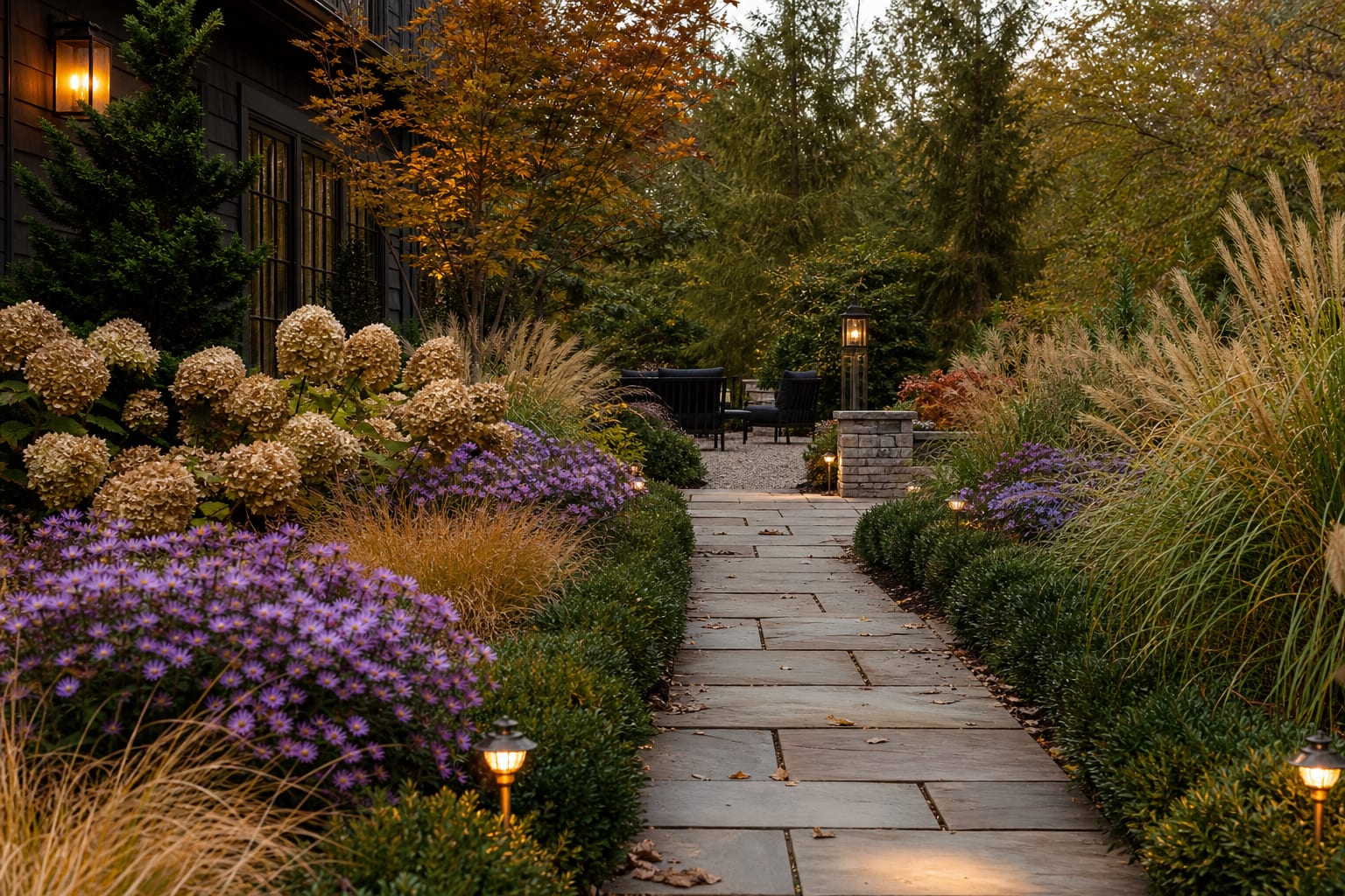 fall garden path with clipped evergreen edging, ornamental grasses, dried hydrangea blooms, and purple asters in layered drifts