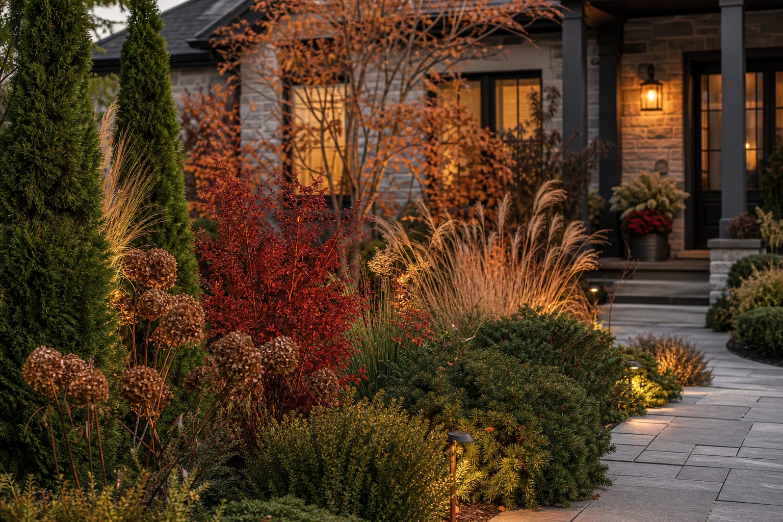 front yard autumn border with evergreen shrubs, red foliage, tawny grasses, standing seedheads, and warm path lighting
