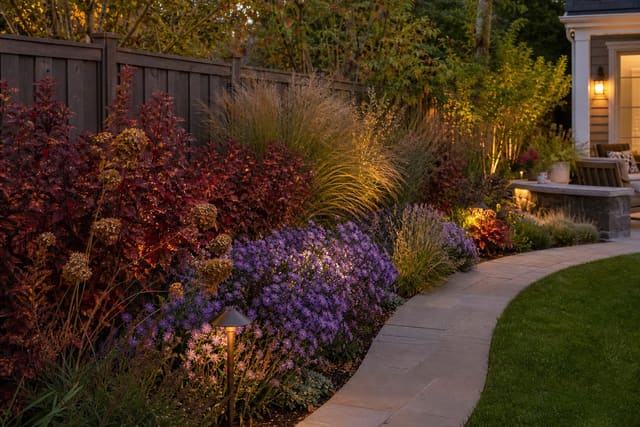 autumn garden border with burgundy shrubs, golden grasses, purple asters, seedheads, and a curved path beside a small lawn