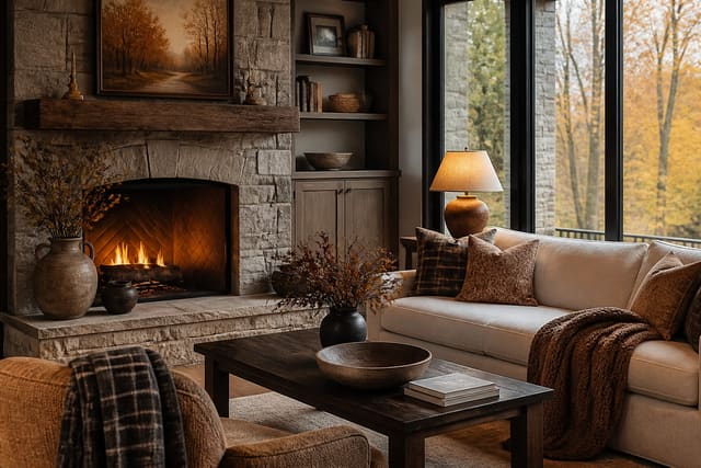 Fall Home Decor Ideas: Warm Tones, Textures, and Seasonal Transitions, shown as warm editorial Re-Design interior photography with layered materials and lighting
