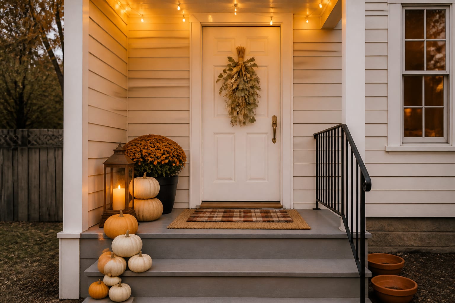 The same front porch styled for fall with a wreath, layered pumpkins, and mums