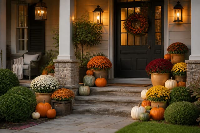 Fall Porch Decor Ideas: Pumpkins, Mums, and the Right Balance, shown as warm editorial outdoor Re-Design photography with believable residential scale, no overlaid text, no watermark
