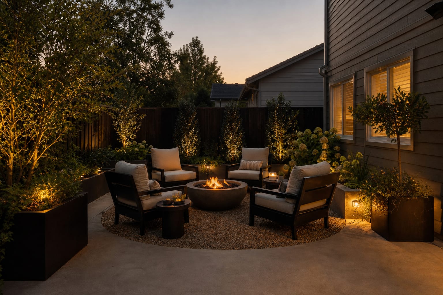 same patio corner redesigned with a round fire pit, deep chairs, gravel border, planters, side tables, and warm path lighting