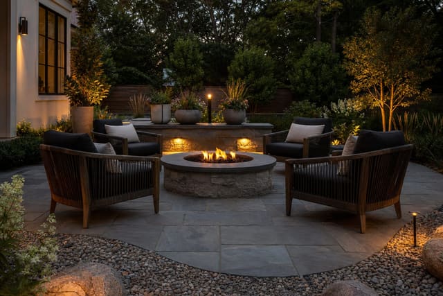 stone patio fire pit with deep outdoor chairs, gravel border, low planters, and warm evening lighting