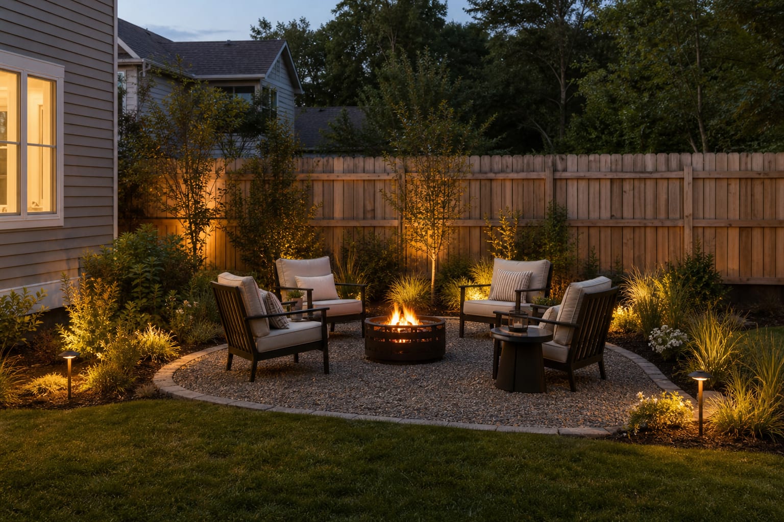 backyard fire pit lounge with curved gravel pad, four cushioned chairs, low grasses, side tables, and warm path lights