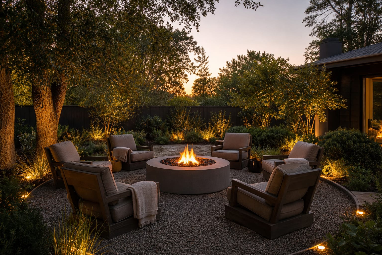 circular backyard fire pit lounge with deep outdoor chairs, gravel paving, low planting, and warm path lighting at dusk