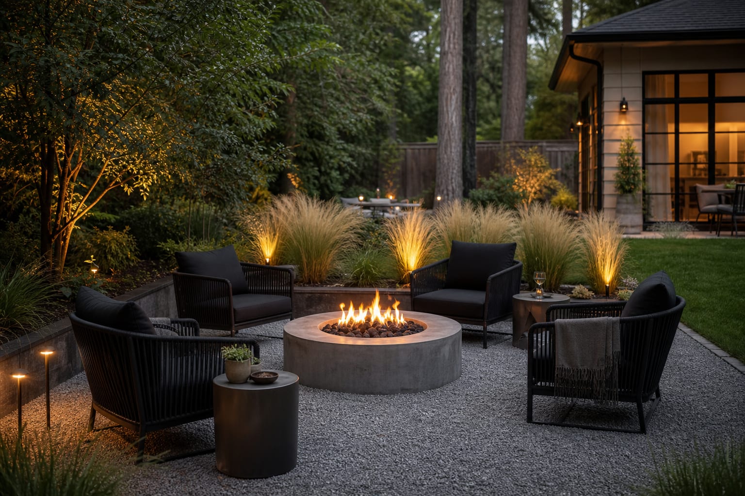backyard fire pit circle with gravel flooring, black lounge chairs, small side tables, ornamental grasses, and low path lights