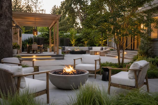 Fire Pit Seating Area Ideas: Layout, Furniture, and Focal Point Design shown as a photorealistic outdoor redesign with layered materials, planting, lighting, and clear circulation