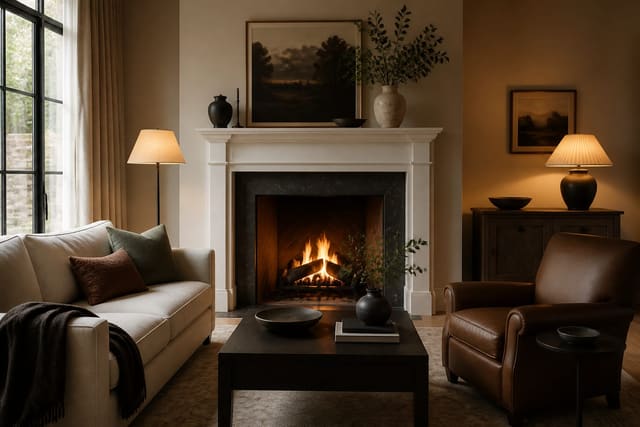 Editorial interior photograph showing fireplace surround ideas that set the tone for the whole room in a real living room, with warm residential materials, layered lighting, functional furniture placement, and a magazine-quality composition.