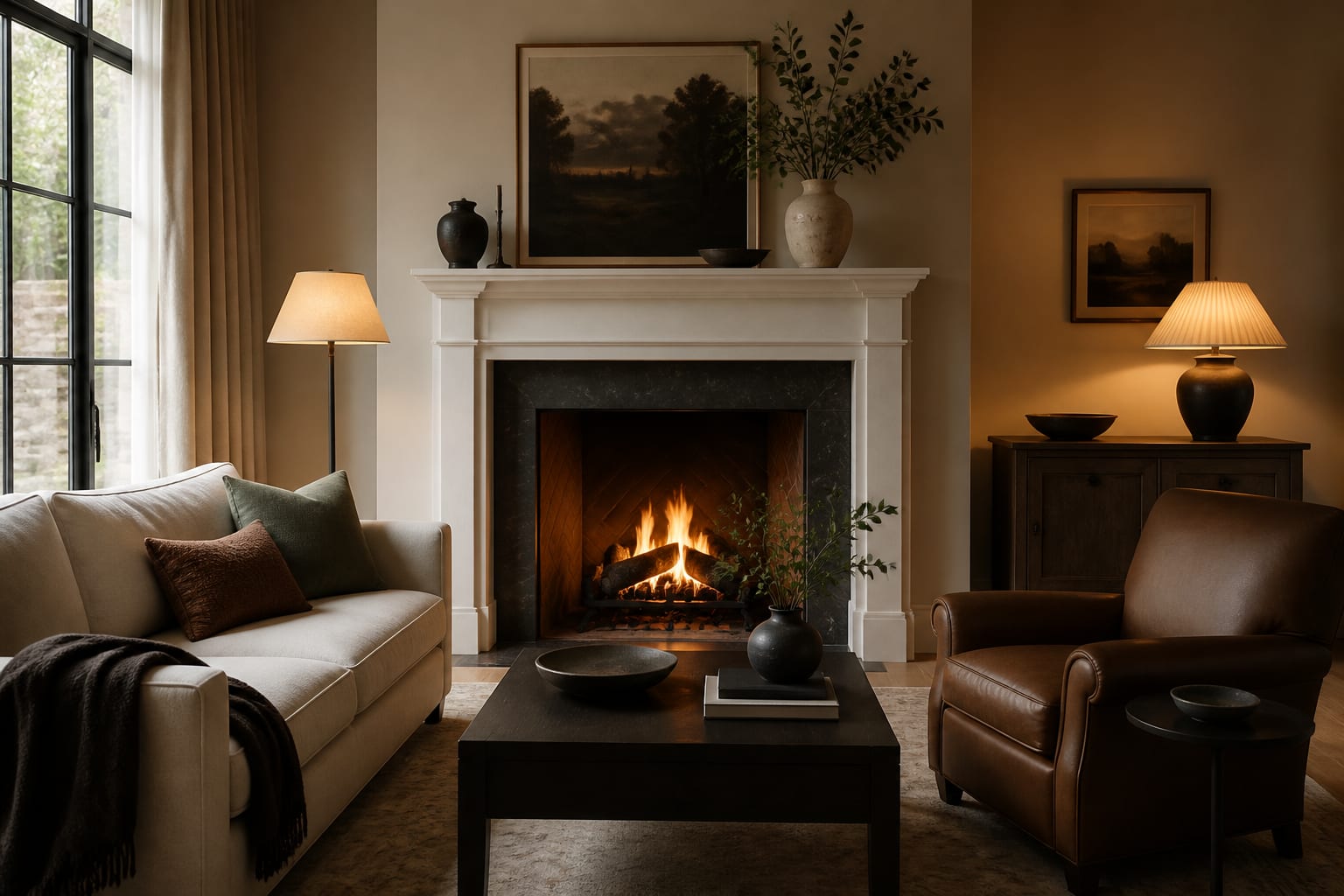 Editorial interior photograph showing fireplace surround ideas that set the tone for the whole room in a real living room, with warm residential materials, layered lighting, functional furniture placement, and a magazine-quality composition.