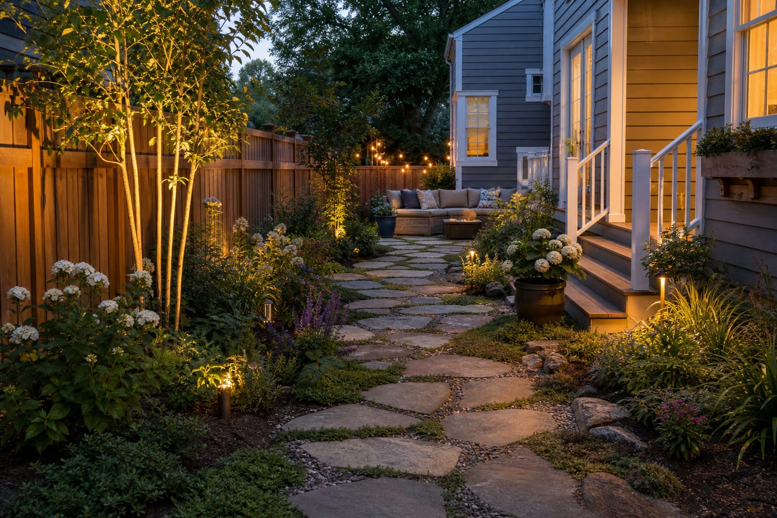 same garden angle with irregular flagstone path, gravel joints, creeping thyme, and layered border planting