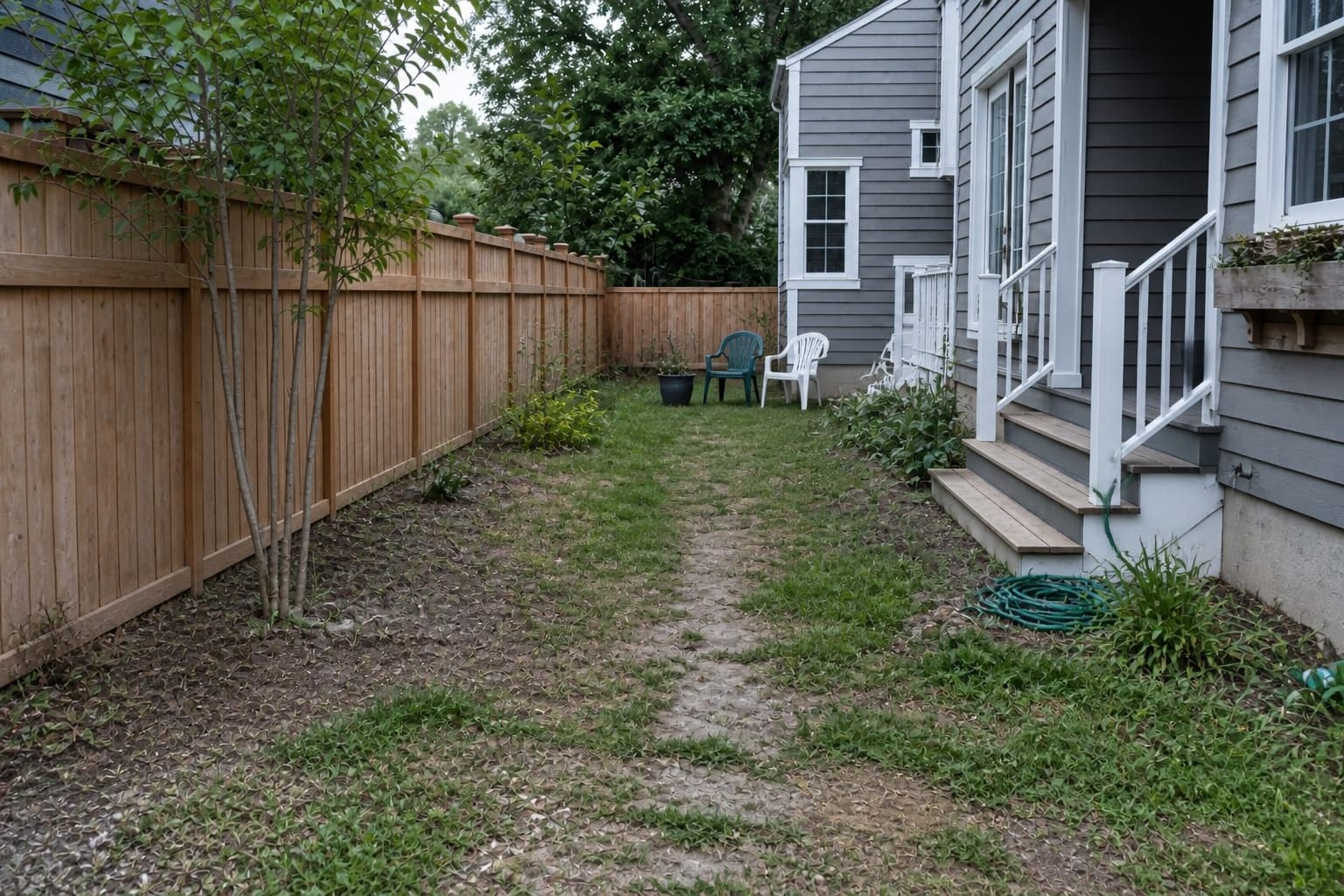 narrow muddy garden shortcut through patchy lawn with no defined path or planting edge