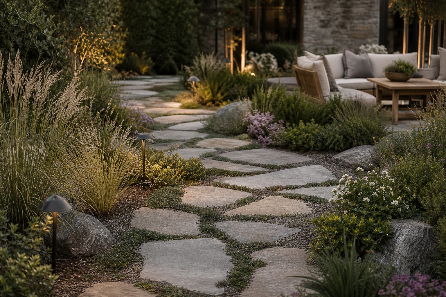 curving flagstone garden path set into thyme and low grasses with soft gravel joints and layered planting