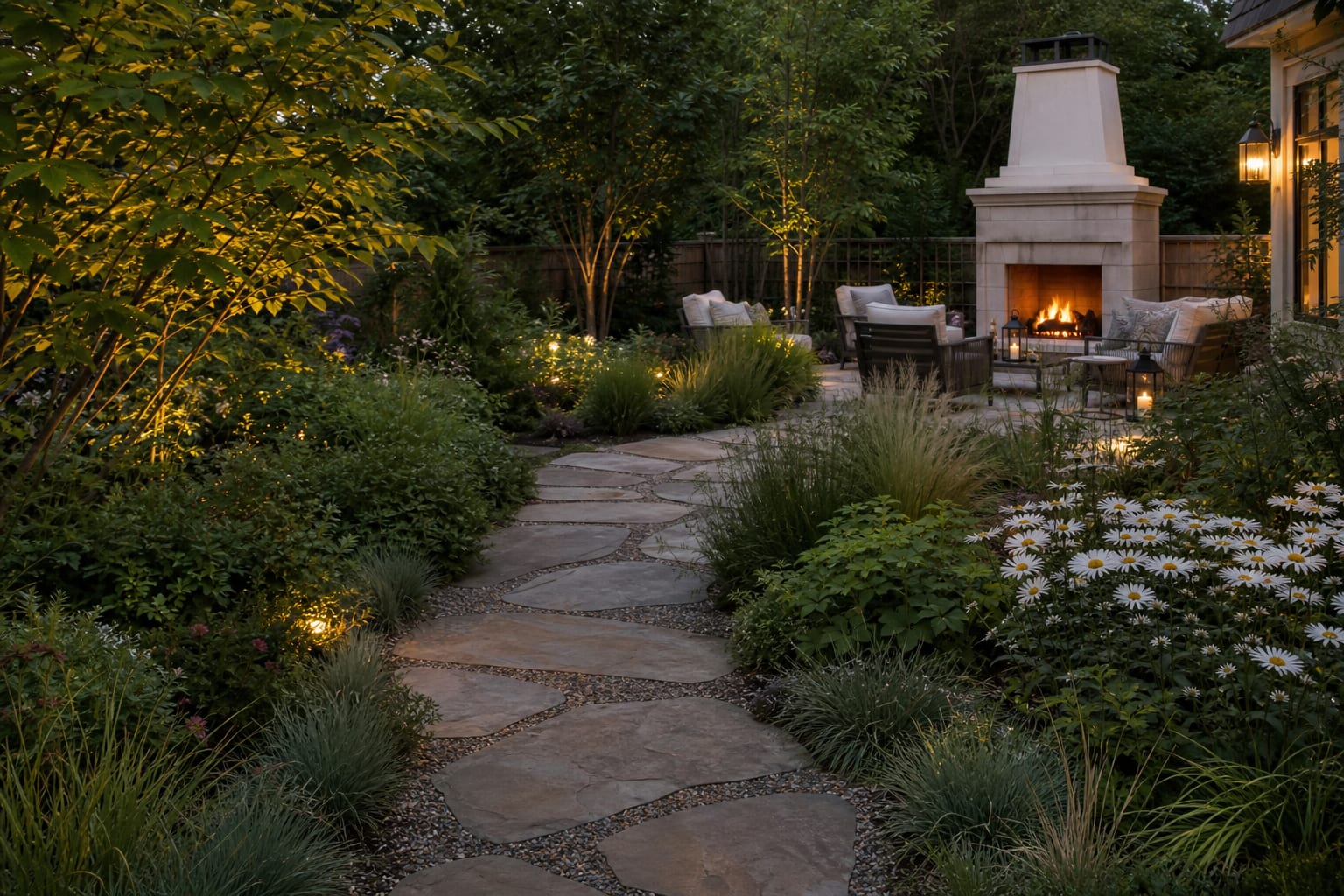 irregular flagstone stepping stones with 2 to 3 inch gravel joints curving through mixed perennial planting