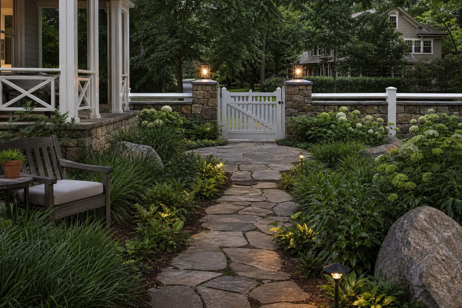 front garden flagstone walkway with larger landing stones near the gate and low shielded path lights