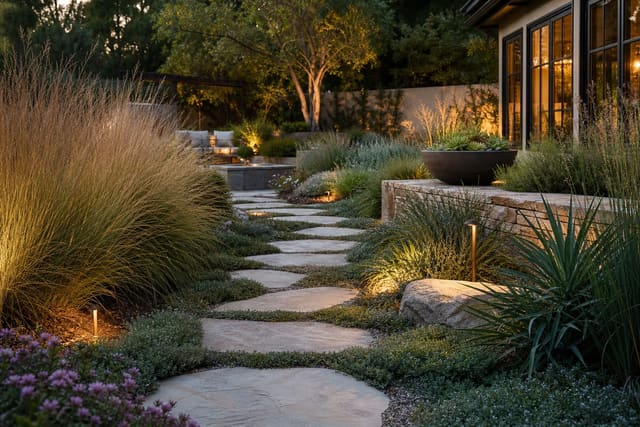 curving flagstone garden path set into thyme and low grasses with soft gravel joints and layered planting