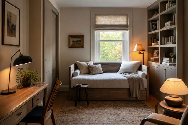 spare bedroom arranged as a flexible reading, work, and guest space with a daybed, narrow desk, closed storage, and warm lamp light