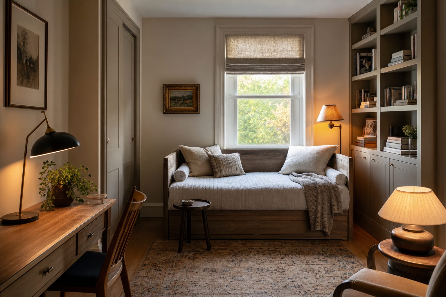 spare bedroom arranged as a flexible reading, work, and guest space with a daybed, narrow desk, closed storage, and warm lamp light