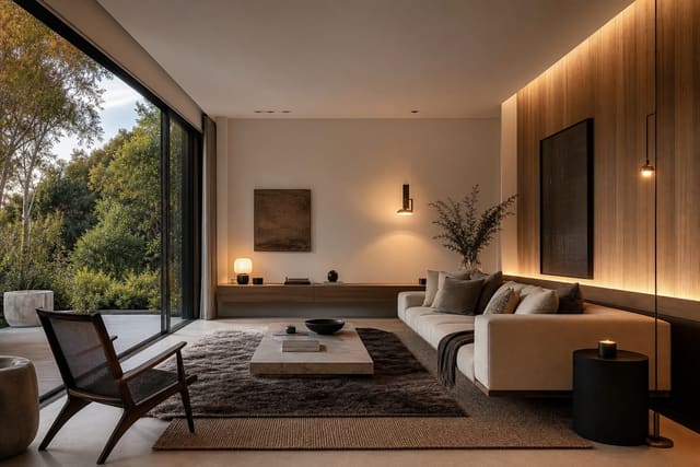 living room with a floating sofa, low console, layered rug, and full-height windows left open to the view