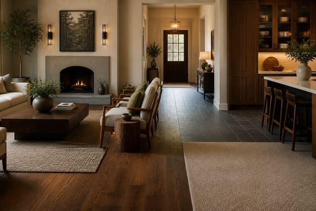 Flooring Installation Cost Guide: Hardwood, LVP, Tile, and Carpet, shown as warm editorial Re-Design interior photography with layered materials and lighting