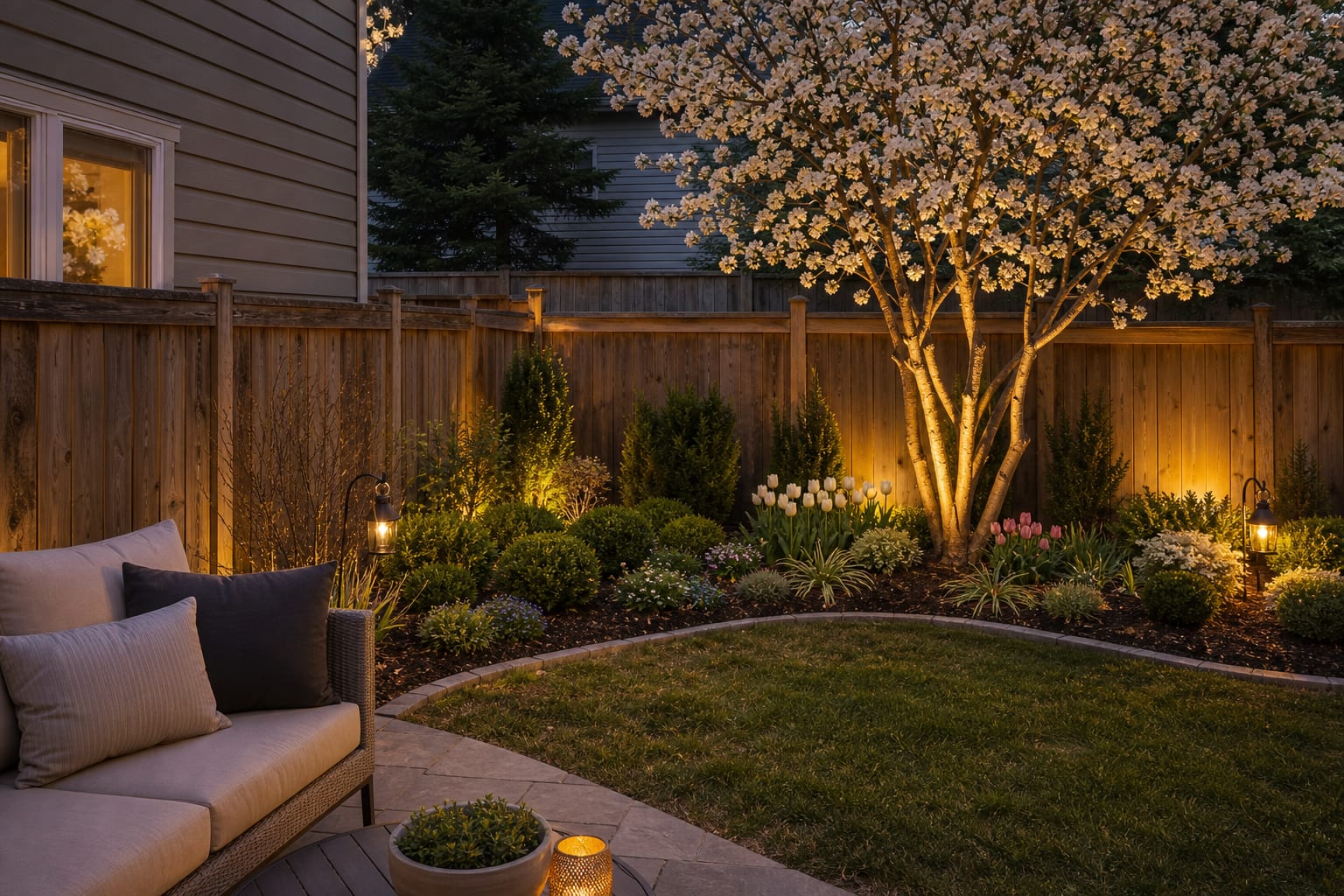 same backyard corner with a compact flowering tree, curved planting bed, low shrubs, spring bulbs, and a defined gravel path.