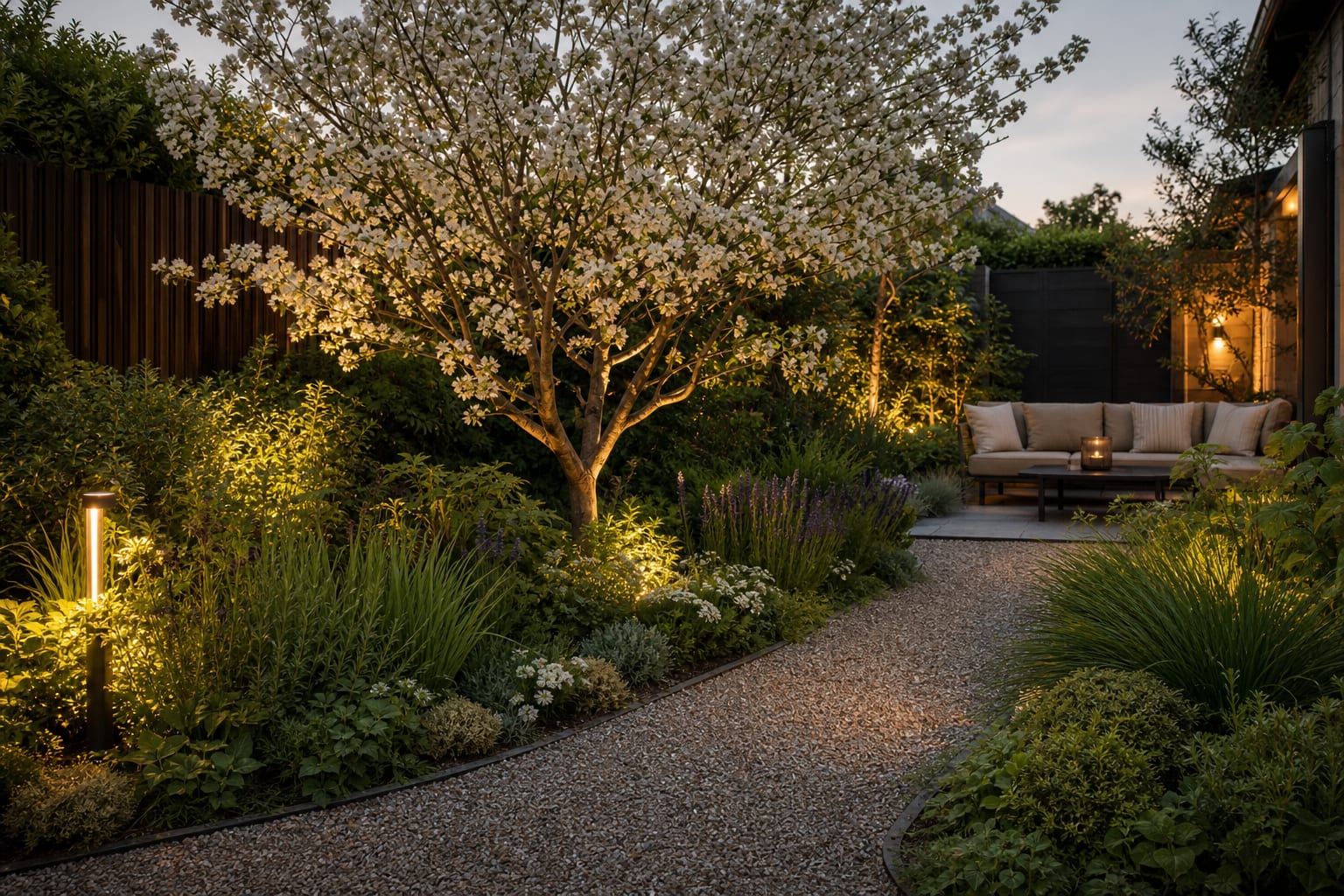 compact flowering tree anchoring a small garden with layered planting, gravel path, and warm evening light