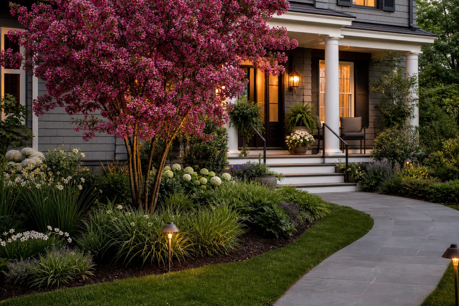 front yard with a compact crabapple tree placed off center beside a curved path and layered foundation planting