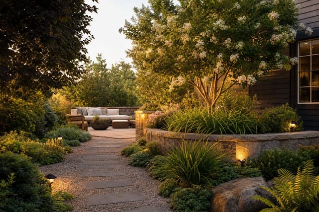 compact flowering tree anchoring a small garden with layered planting, gravel path, and warm evening light