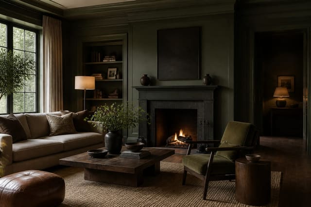 Editorial interior photograph showing forest green interior design ideas that make a room feel grounded and alive in a real whole home, with color theory materials, layered warm lighting, styled furniture, and a magazine-quality residential composition.