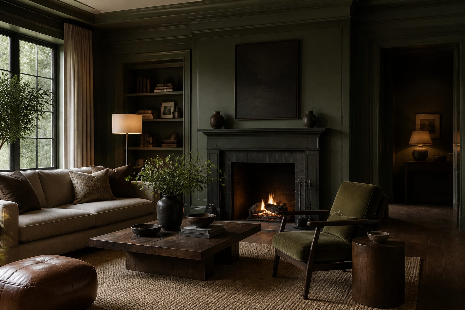 Editorial interior photograph showing forest green interior design ideas that make a room feel grounded and alive in a real whole home, with color theory materials, layered warm lighting, styled furniture, and a magazine-quality residential composition.
