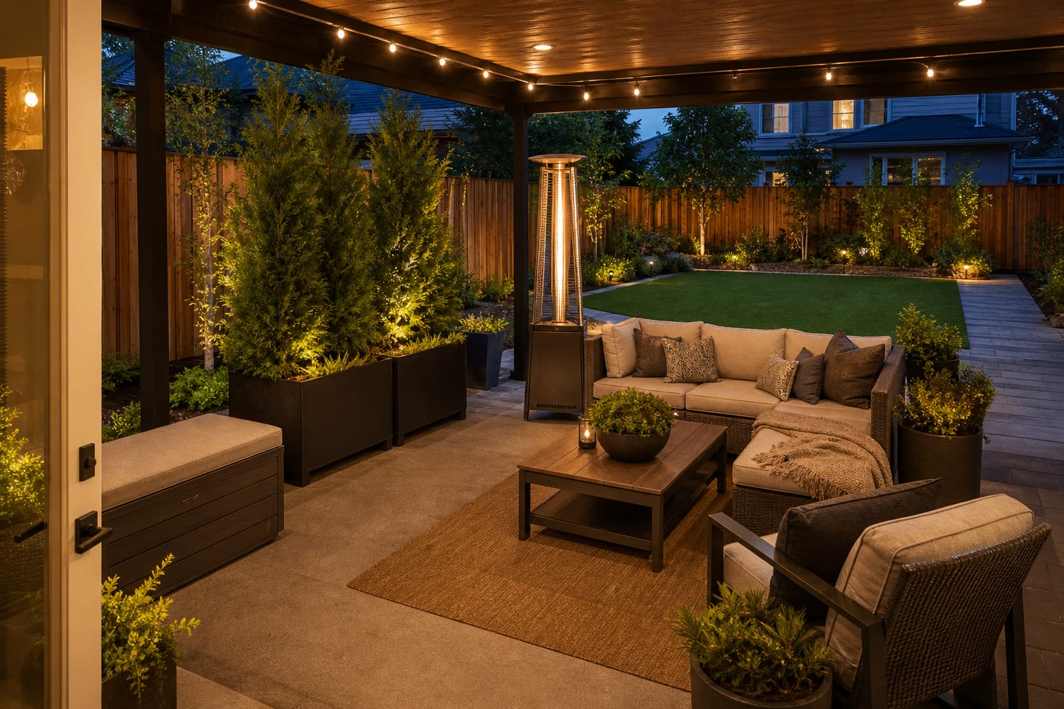Same patio redesigned with covered seating, warm lights, a slim heater, storage bench, planters, and a clearer path to the lawn.