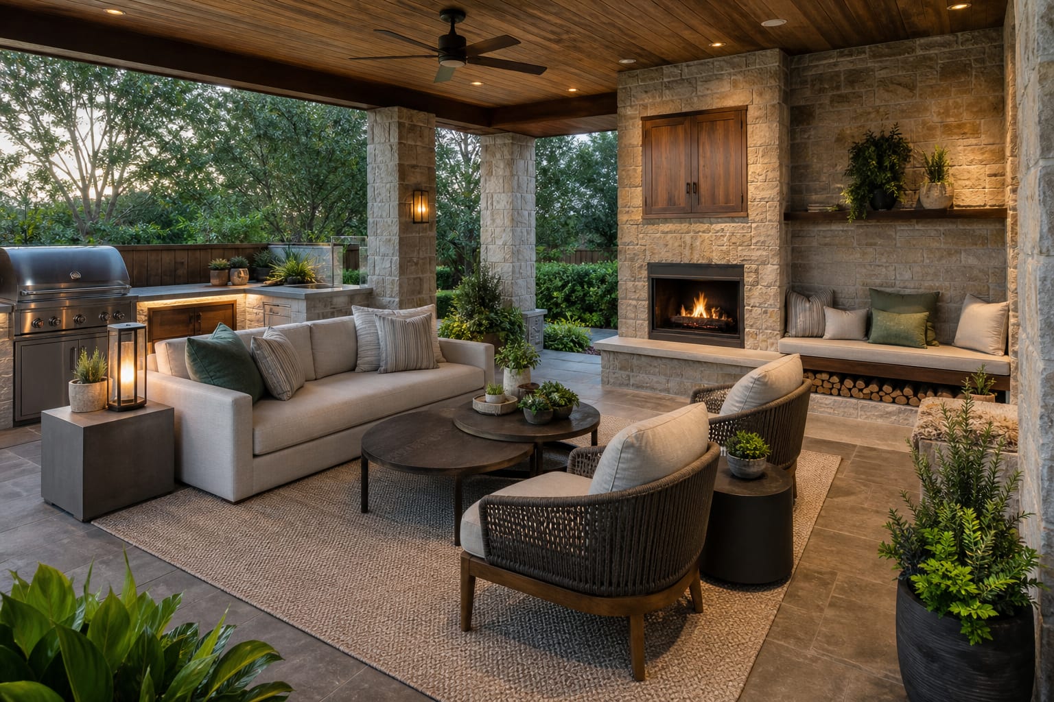 covered patio with layered seating, warm lighting, weatherproof furniture, planters, and storage for year-round outdoor use