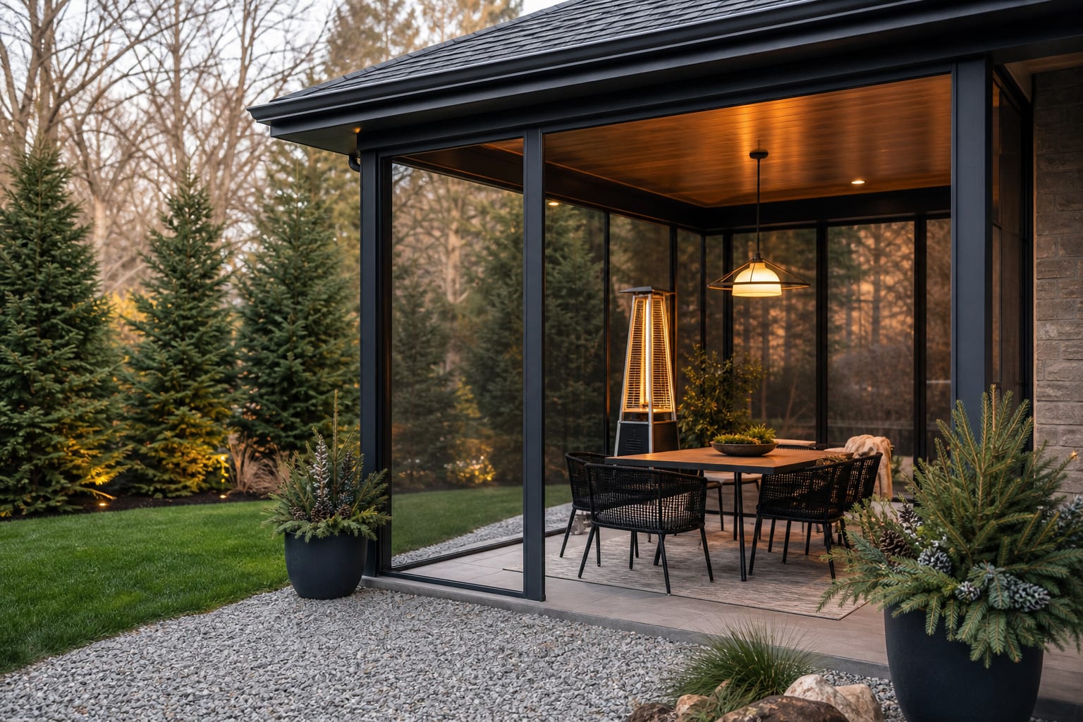 four season patio with covered dining, gravel transition to lawn, evergreen planters, warm lights, and a compact heater