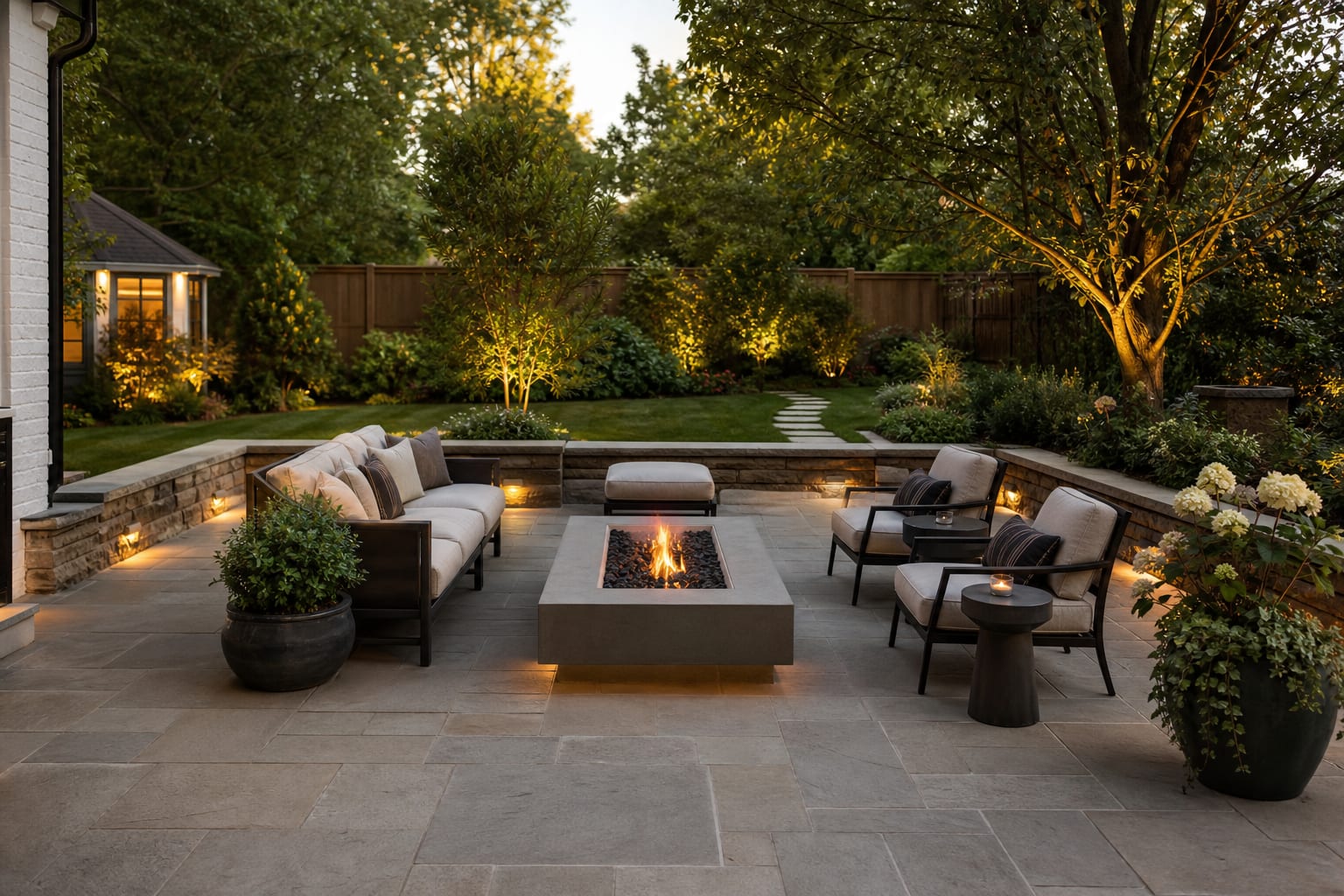 AI patio preview showing the same backyard with alternate shade, furniture, lighting, and planter layouts for all-season use