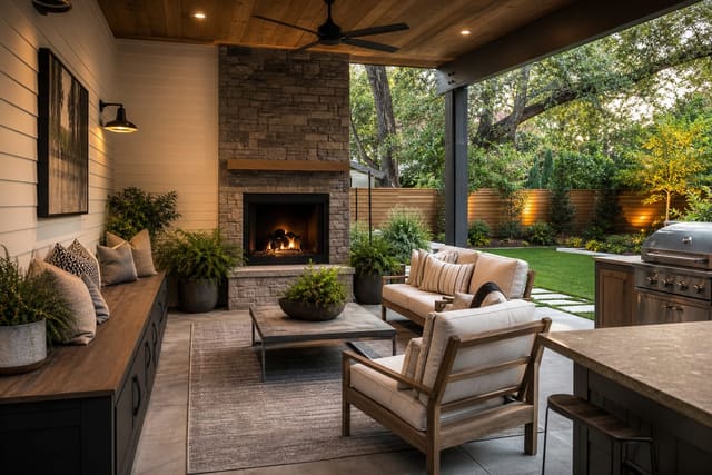 covered patio with layered seating, warm lighting, weatherproof furniture, planters, and storage for year-round outdoor use