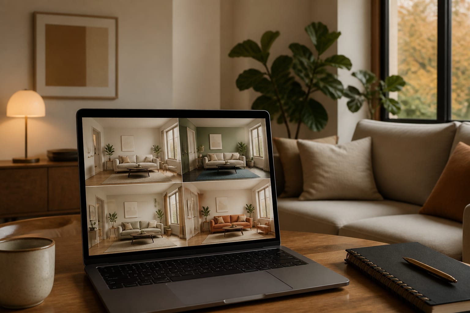 living room photo being transformed into several AI interior design concepts on a laptop, with neutral walls and a compact sofa