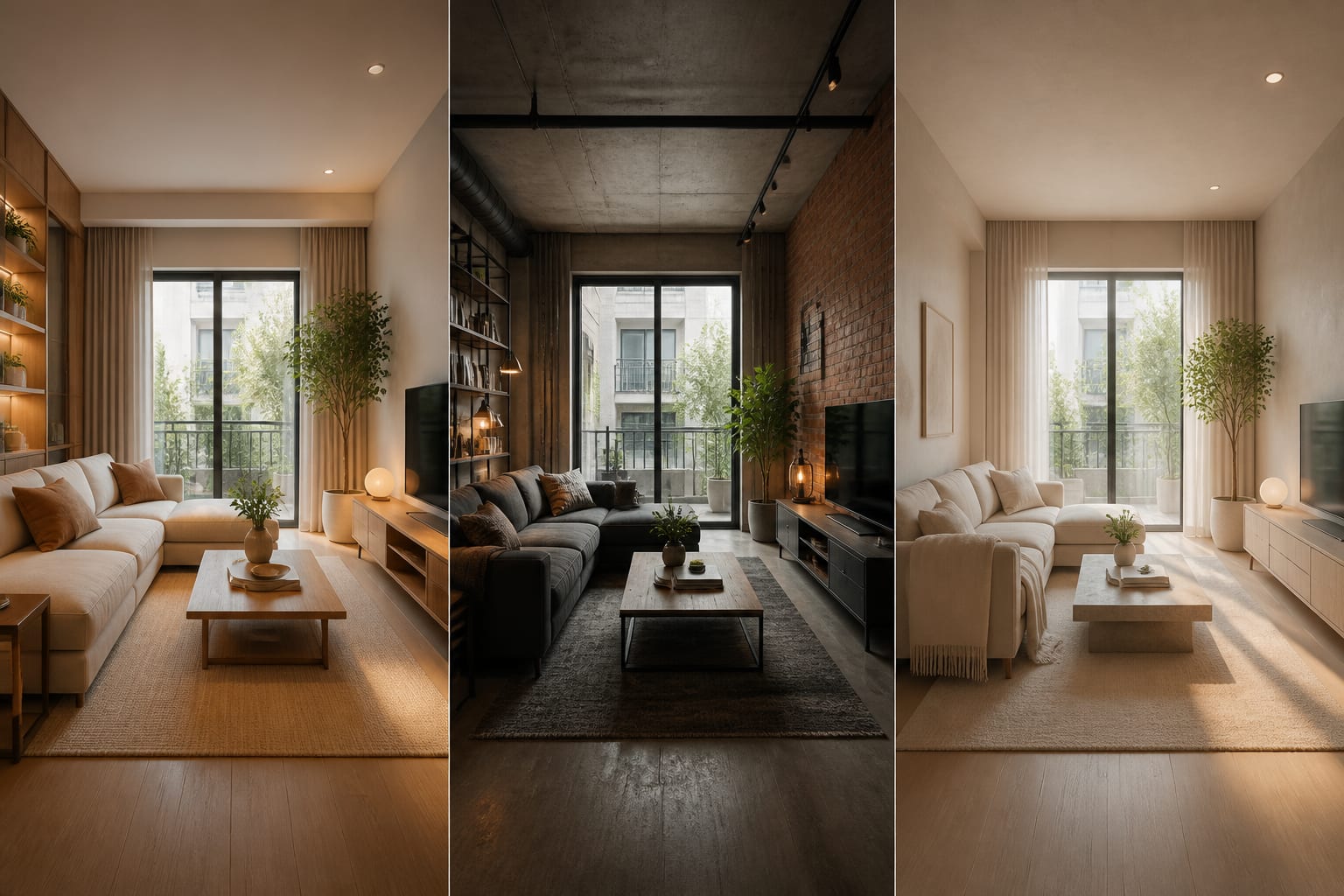 side-by-side AI previews of the same compact living room testing warm modern, industrial, and soft minimal design directions