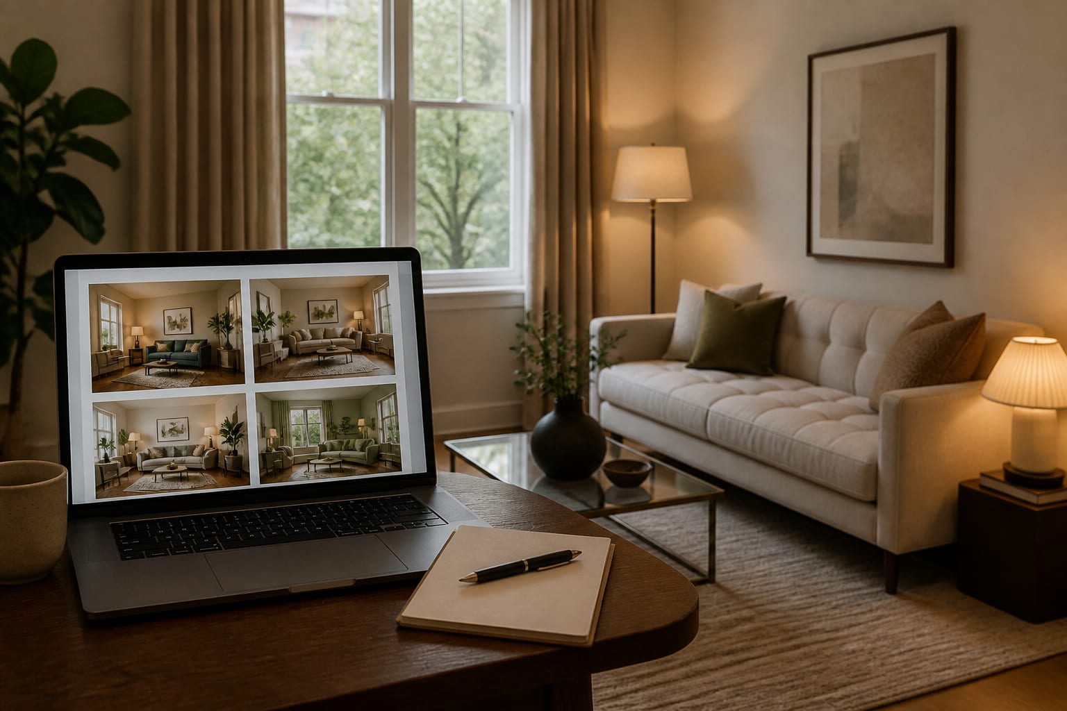 living room photo being transformed into several AI interior design concepts on a laptop, with neutral walls and a compact sofa