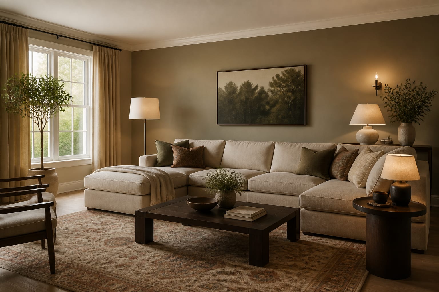 living room photo preview showing the same sofa with warmer paint, larger rug, layered lamps, and cleaner redecorating direction