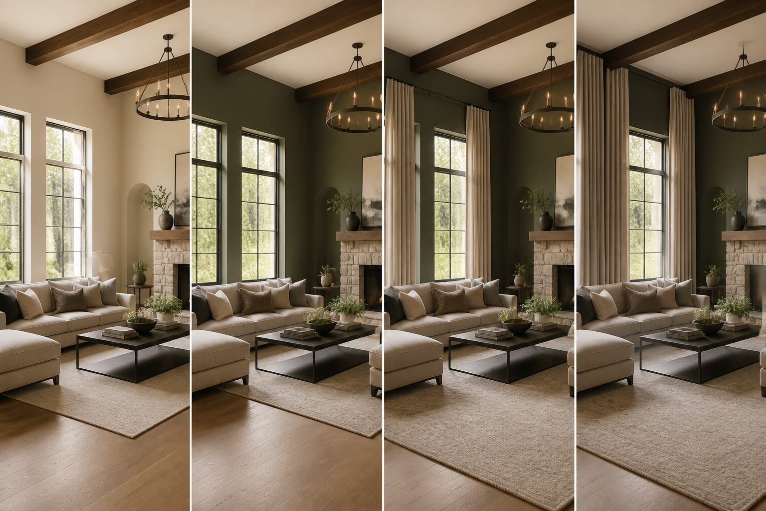 side by side room previews comparing warm neutral paint, deeper accent color, larger rug placement, and taller curtains