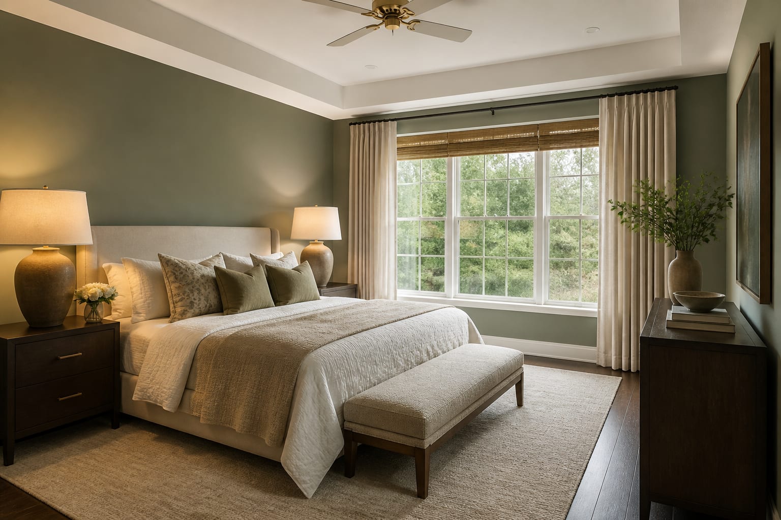bedroom preview with existing bed retained, new wall color, larger lamps, floor length curtains, and calmer storage