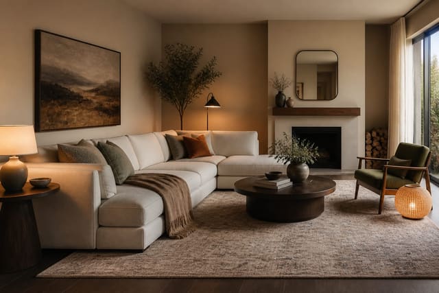 living room photo preview showing the same sofa with warmer paint, larger rug, layered lamps, and cleaner redecorating direction