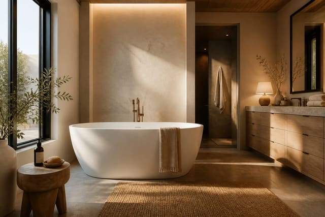 Editorial interior photograph showing freestanding tub ideas in a real bathroom with freestanding tub, with spa-like bathroom materials, layered warm lighting, functional furniture placement, and a magazine-quality residential composition.