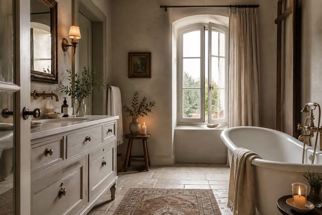 Editorial interior photograph showing a French country bathroom with aged brass fixtures, limestone texture, painted vanity, linen, and soft natural light.