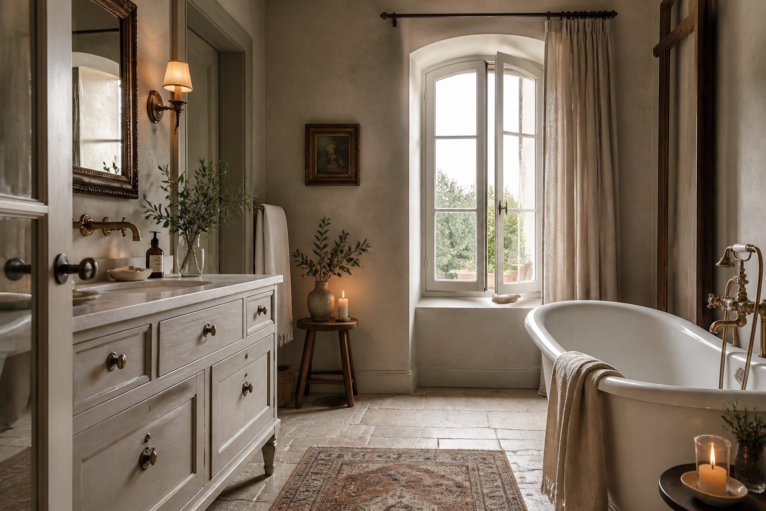 Editorial interior photograph showing a French country bathroom with aged brass fixtures, limestone texture, painted vanity, linen, and soft natural light.
