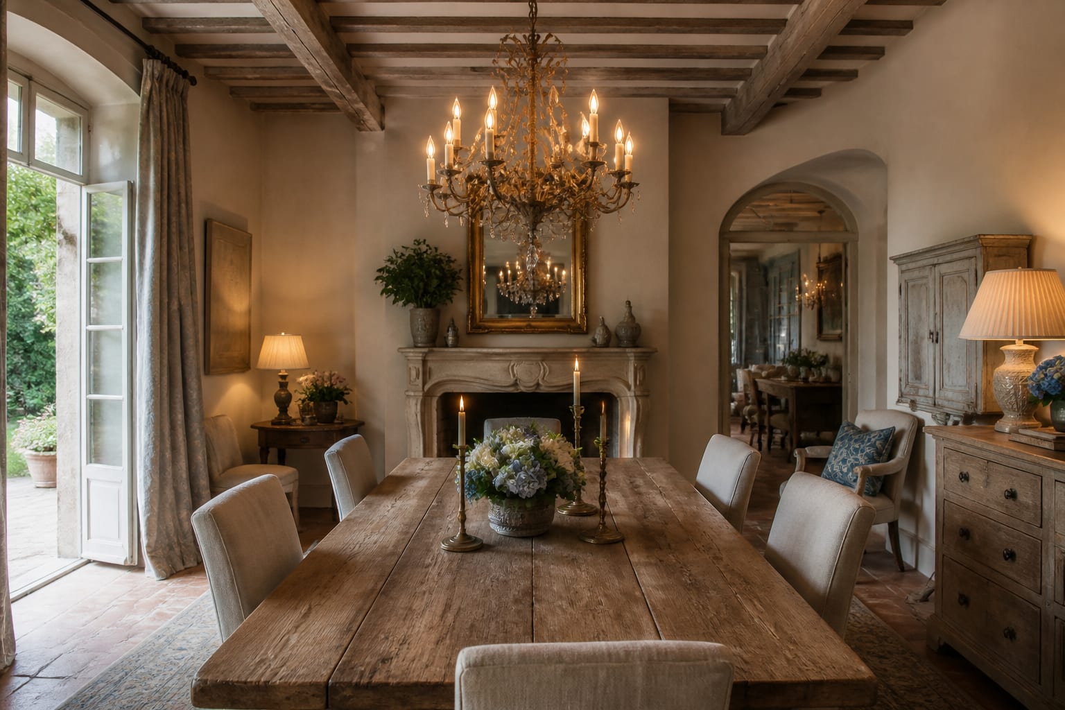 Editorial interior photograph showing a French country dining room with weathered wood table, linen chairs, soft blue accents, and vintage chandelier.
